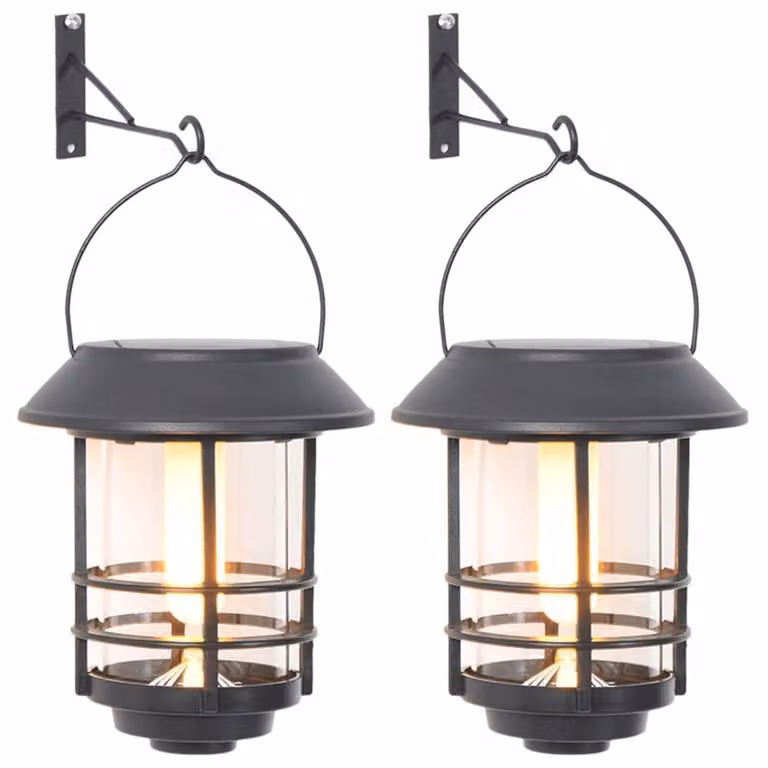 Berkfield Home Solar Outdoor Wall Lanterns, 2 Pack, Black with Warm White Flickering Flame LED Effect