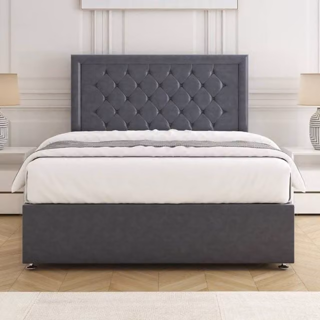 BSSPOKE Nova Plush Velvet Divan Bed Set with 24 inch Headboard and Mattress in Charcoal Grey, W/D/H: 140 x 200 cm