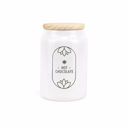 Purely Home Boho Minimalist Ceramic Hot Chocolate Storage Canister with Wooden Lid, White, 600ml, H: 14.5 cm, W/D: 9.5 cm