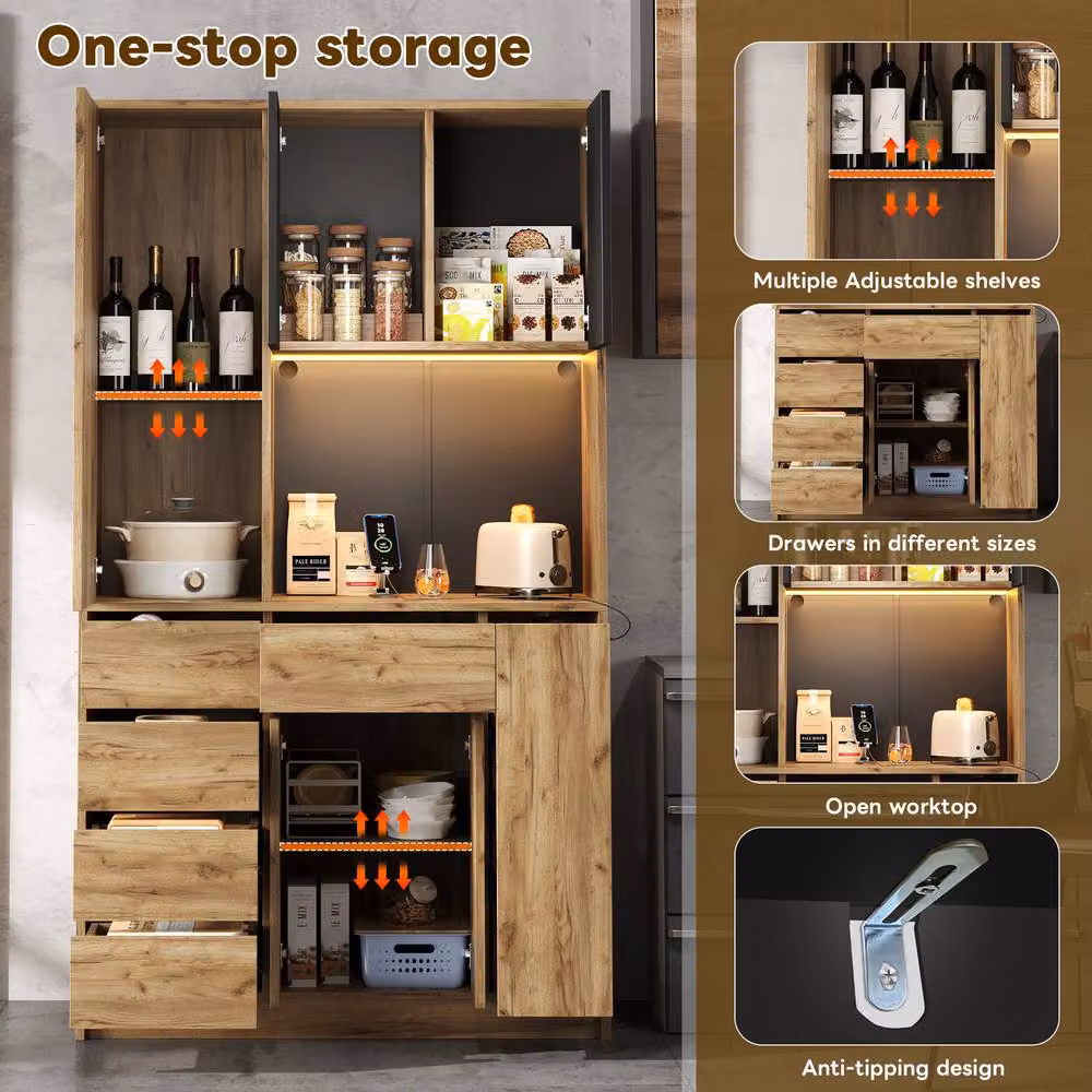 BTM Modern Brown Wood Kitchen Storage Cabinet with Pull Out Spice Rack, Integrated LED Lighting and Power Outlet – 3