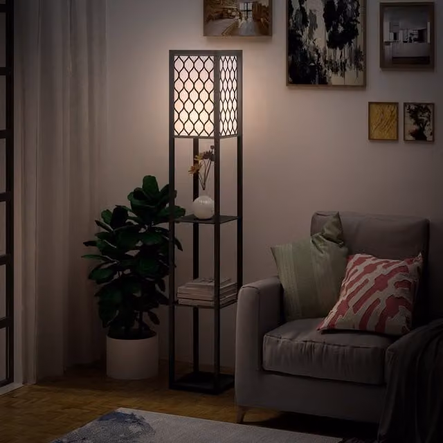 HOMCOM Modern 4 Tier Floor Lamp with Shelves and Fabric Lampshade in Black or White, H 160 x W 26 x D 26 cm