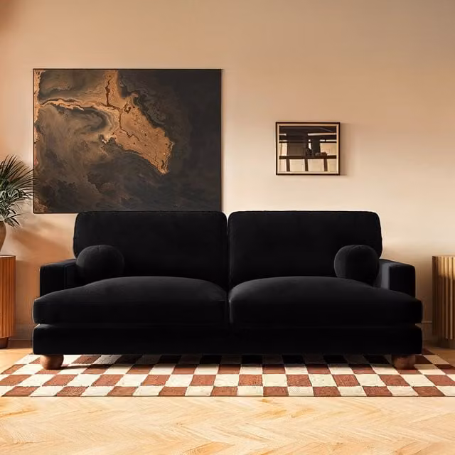 SolaceCo Addison 3 Seater Velvet Sofa in Black with Scatter Cushions and Removable Covers