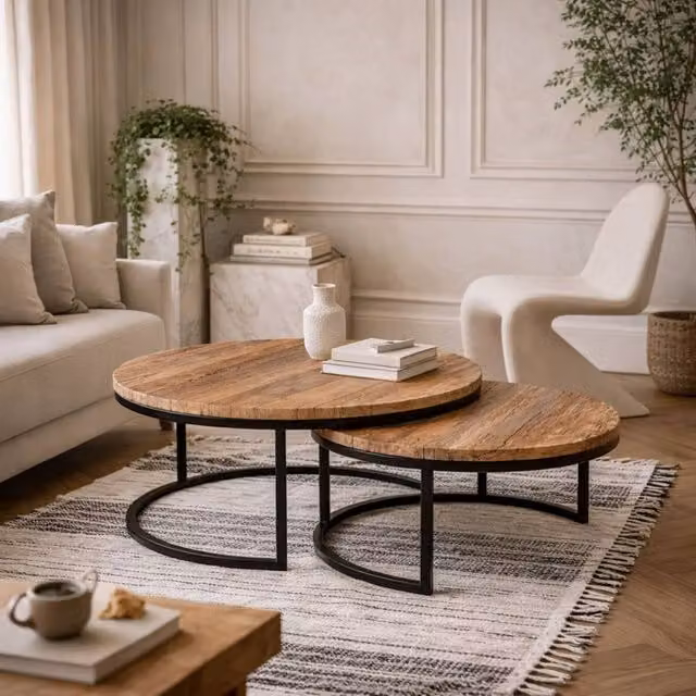 Wyld Haus Yllas Set of 2 Round Nesting Coffee Tables in Brown and Black Reclaimed Wood and Metal