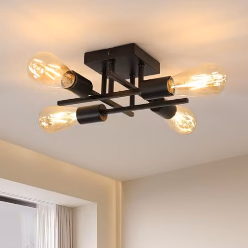 Goeco Sputnik Chandelier, Black Metal Industrial Ceiling Light with 4 x E27 Lampholders and Square Base