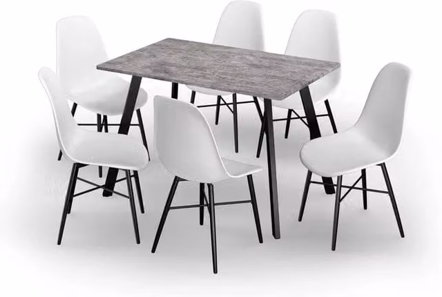 URBNLIVING Modern Dining Set with 110 cm Concrete Effect Rectangular Table and 6 White Tulip Chairs