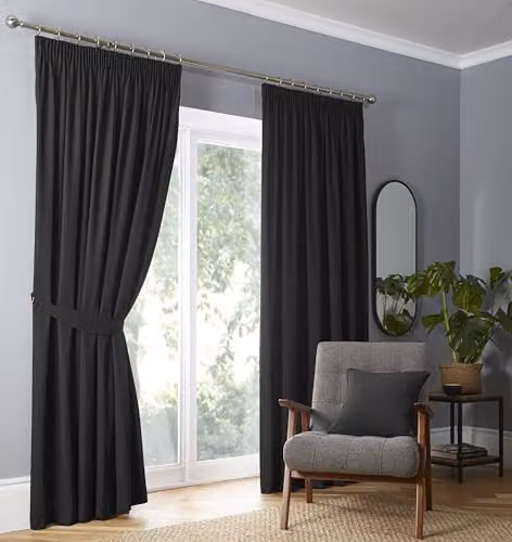 Fusion Blackout Pencil Pleat Thermal Curtains, Black, 2 Panels, W: 183 cm, H: 229 cm