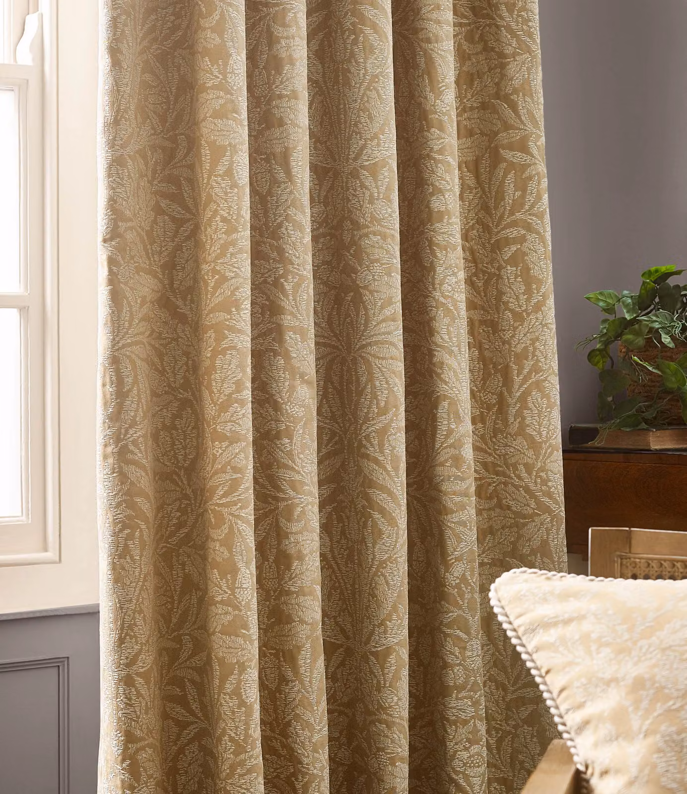 Morris & Co Acorn Tonal Matt Jacquard Pencil Pleat Curtains in Gold, Width: 117 cm, Drop: 183 cm – 5