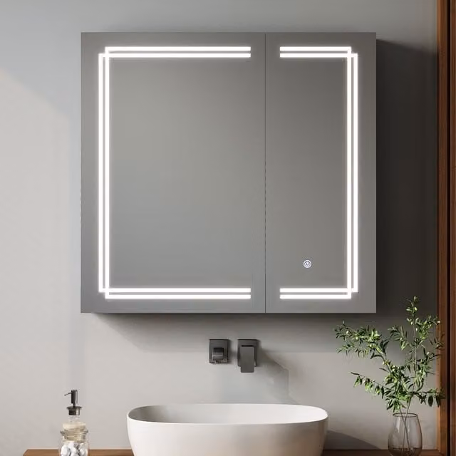 Livingandhome Modern Wall Mounted Bathroom Mirror Cabinet with LED Lighting and Sensor Switch in Black and Silver
