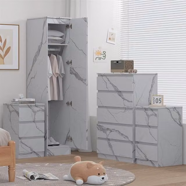 ZITA 4 Piece Bedroom Furniture Set in White Marble Effect featuring 1 Door Wardrobe, Tall Chest and 2x 3 Drawer Bedsides