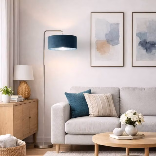 CGC Lighting Kyra Angled Floor Lamp in Silver with 45 cm Teal Velvet Lampshade