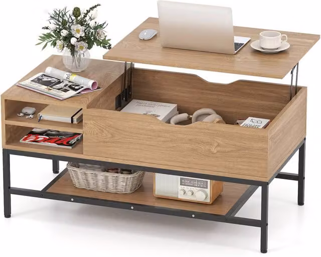 Costway Modern Rectangular Lift Top Coffee Table with Storage Shelf in Brown