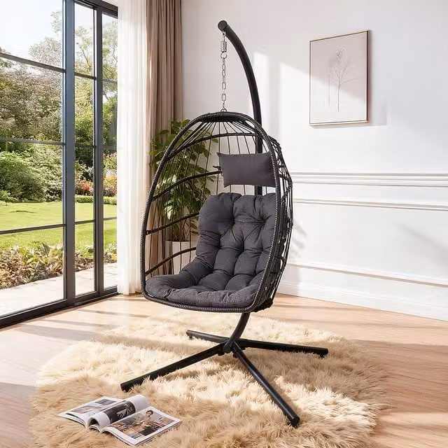 Livingandhome Egg Shaped Hanging Garden Chair with Soft Cushion and Headrest in Black