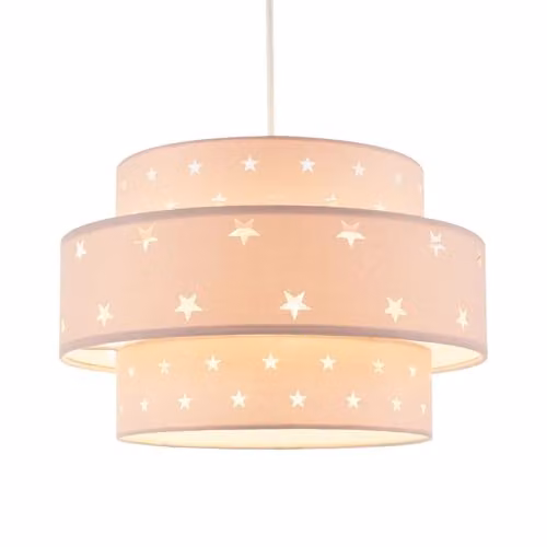 Happy Homewares Modern Triple Tier Pink Cotton Fabric Childrens Pendant Shade with Star Decoration, Diameter: 30 cm – 1