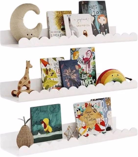 KORVIXA Set of 3 White Floating Wall Mounted Shelves for Childrens Rooms, Width: 100 cm