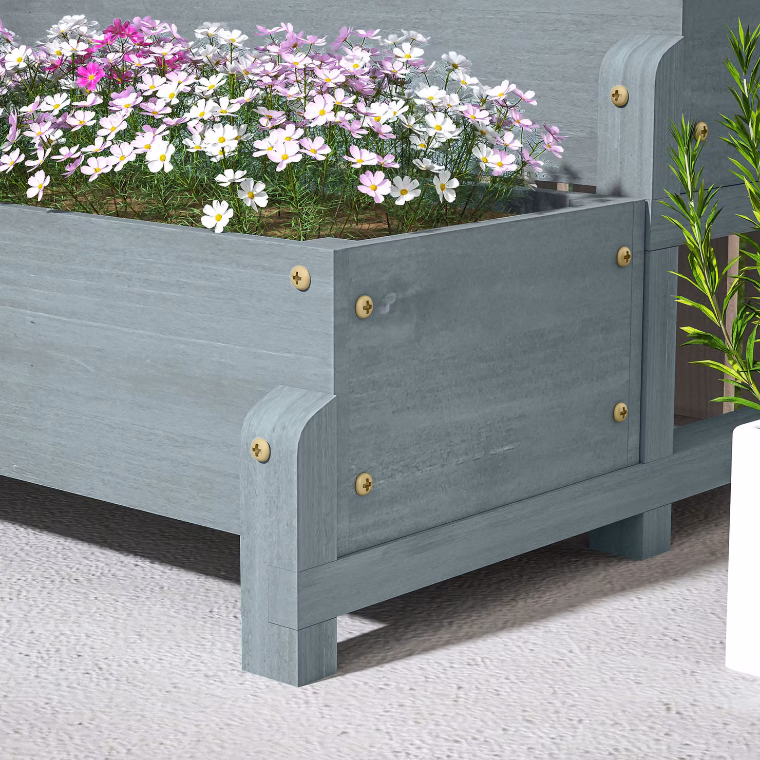 Outsunny 2-Tier Wooden Raised Garden Bed with Trellis and Drainage Holes, Grey Elevated Planter Box for Vegetables and Flowers – 7