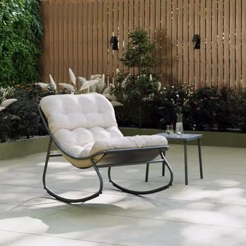 Charles Bentley Anthracite Steel Rocking Recliner Chair with Beige Olefin Cushions – 1