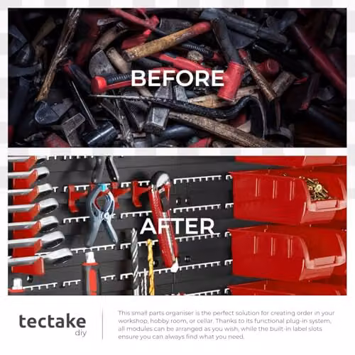 tectake 44 Piece Wall-Mounted Tool Storage Organiser with 28 Parts Boxes in Black and Red – 5
