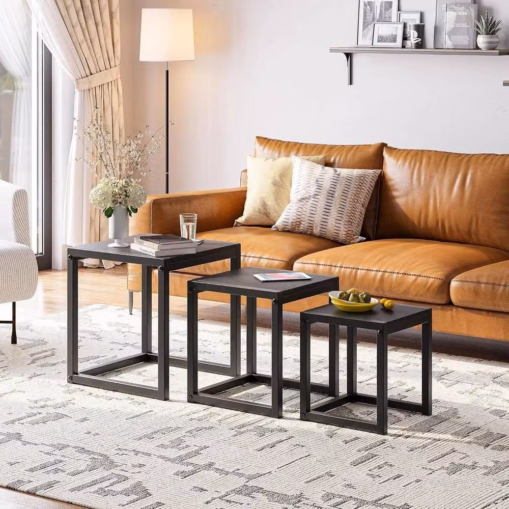 VOGREX Set of 3 Nesting Coffee and Side Tables in Black MDF and Metal – 3
