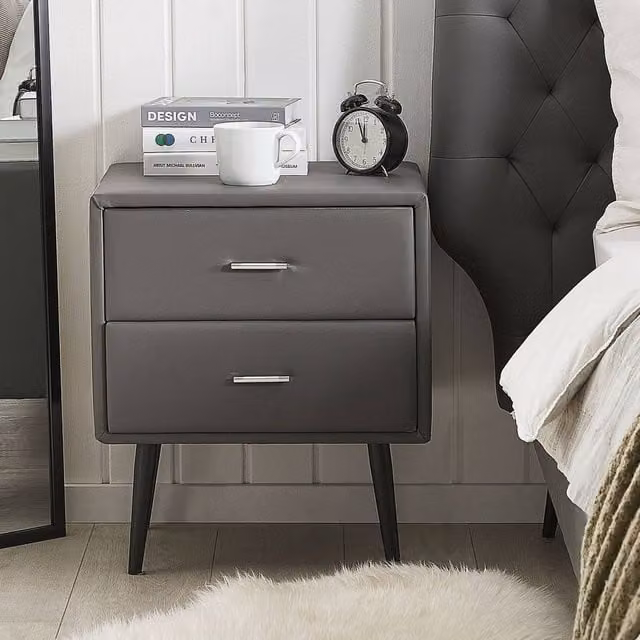 Wyld and Coco Grey Faux Leather 2 Drawer Bedside Table Nightstand – 1