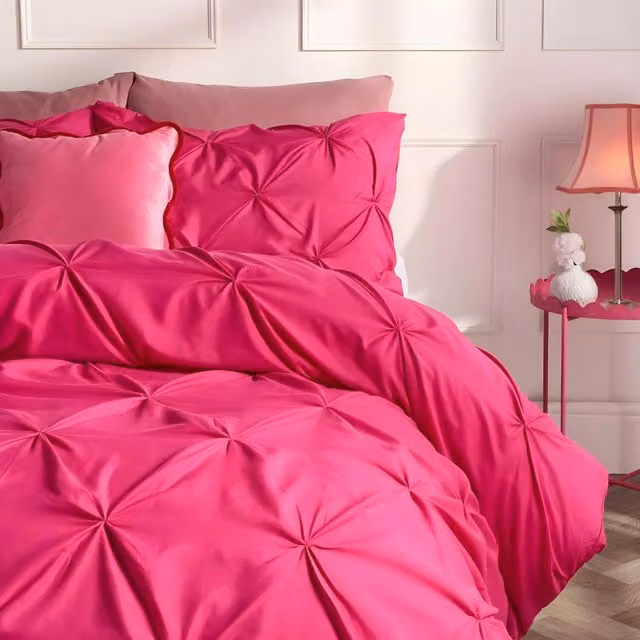 OHS Diamond Pintuck Pinch Pleat Duvet Cover and Pillowcase Set in Pink