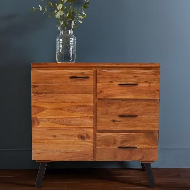 Orsina Small Acacia Wood Sideboard in Natural Brown and Black, 1-Door and 3-Drawer Industrial Buffet Cabinet, W: 90 cm, H: 40 cm, D: 90 cm – 1