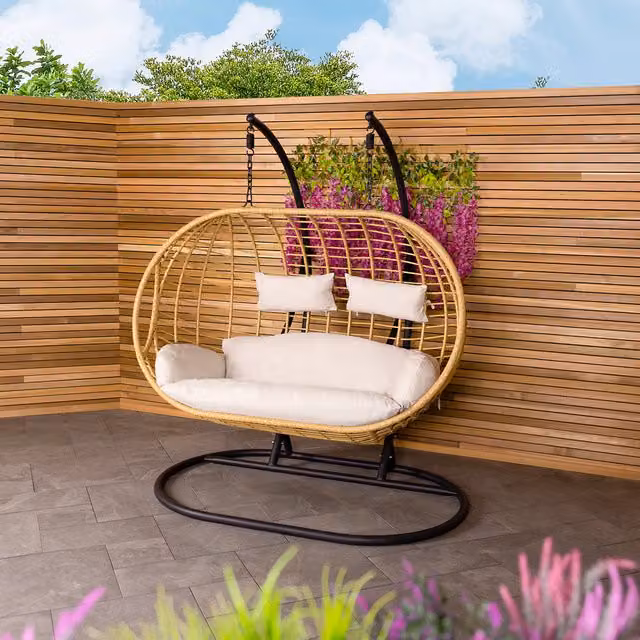 Charles Bentley Double Hanging Swing Chair Seat in Black and Beige, H196 x W167 x D126 cm