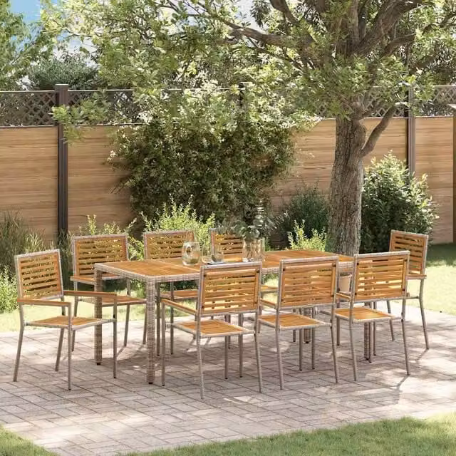 Berkfield Home 9 Piece Grey Poly Rattan and Acacia Wood Garden Dining Set