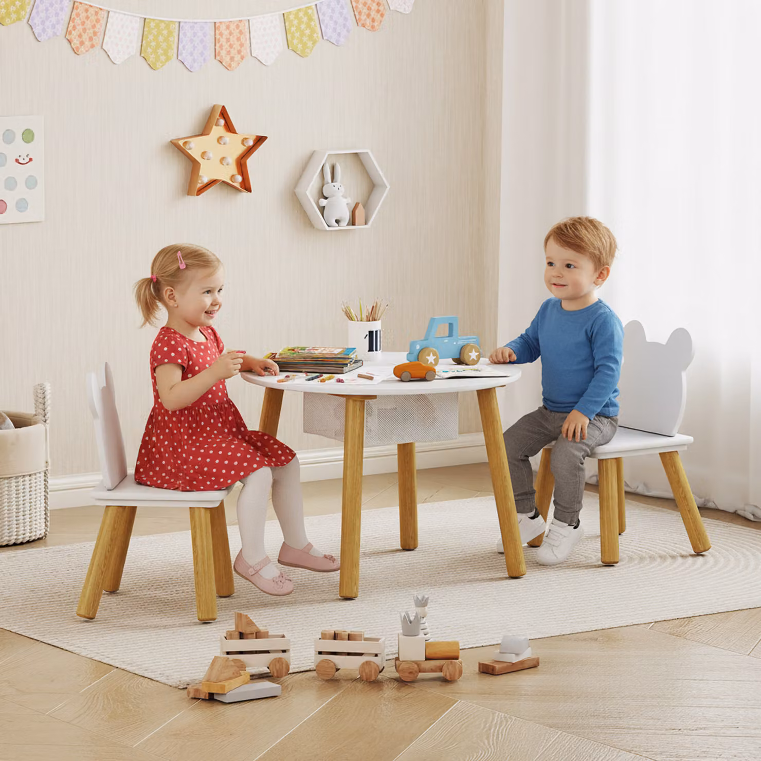AIYAPLAY 3-Piece Kids Activity Table and Chairs Set with Centre Mesh Bag and Bear-Shaped Backrests, White – 2