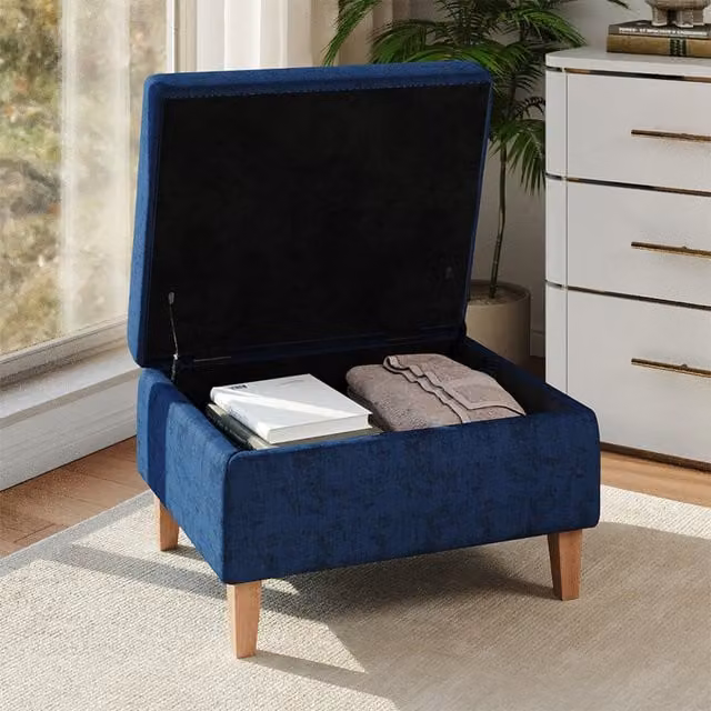 Livingandhome Blue Chenille Upholstered Storage Bench with Rubberwood Legs