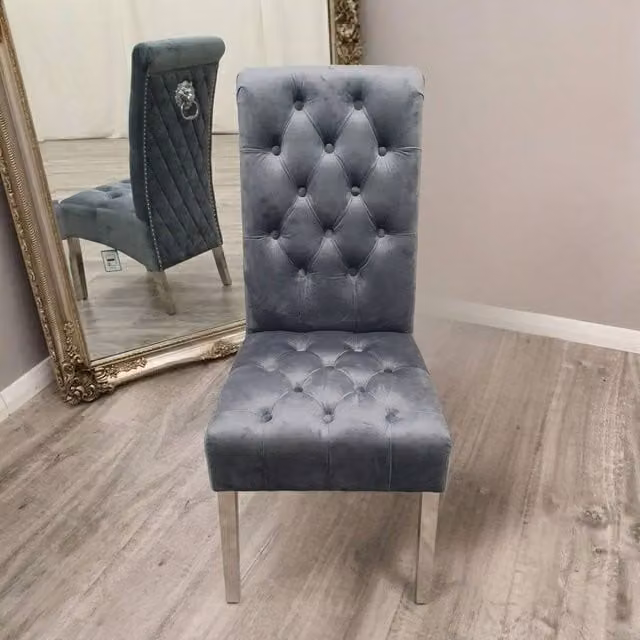 Stratus Interiors Emma Tall Velvet Lion Knocker Dining Chair in Grey, H 107 x W 46 x D 62 cm