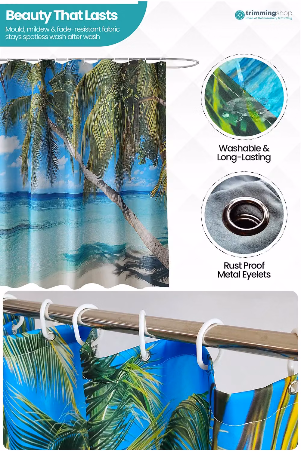 Neel Blue Beach Themed Water Resistant Polyester Shower Curtain with Hooks, Multicolour, W: 180 cm, H: 180 cm – 4