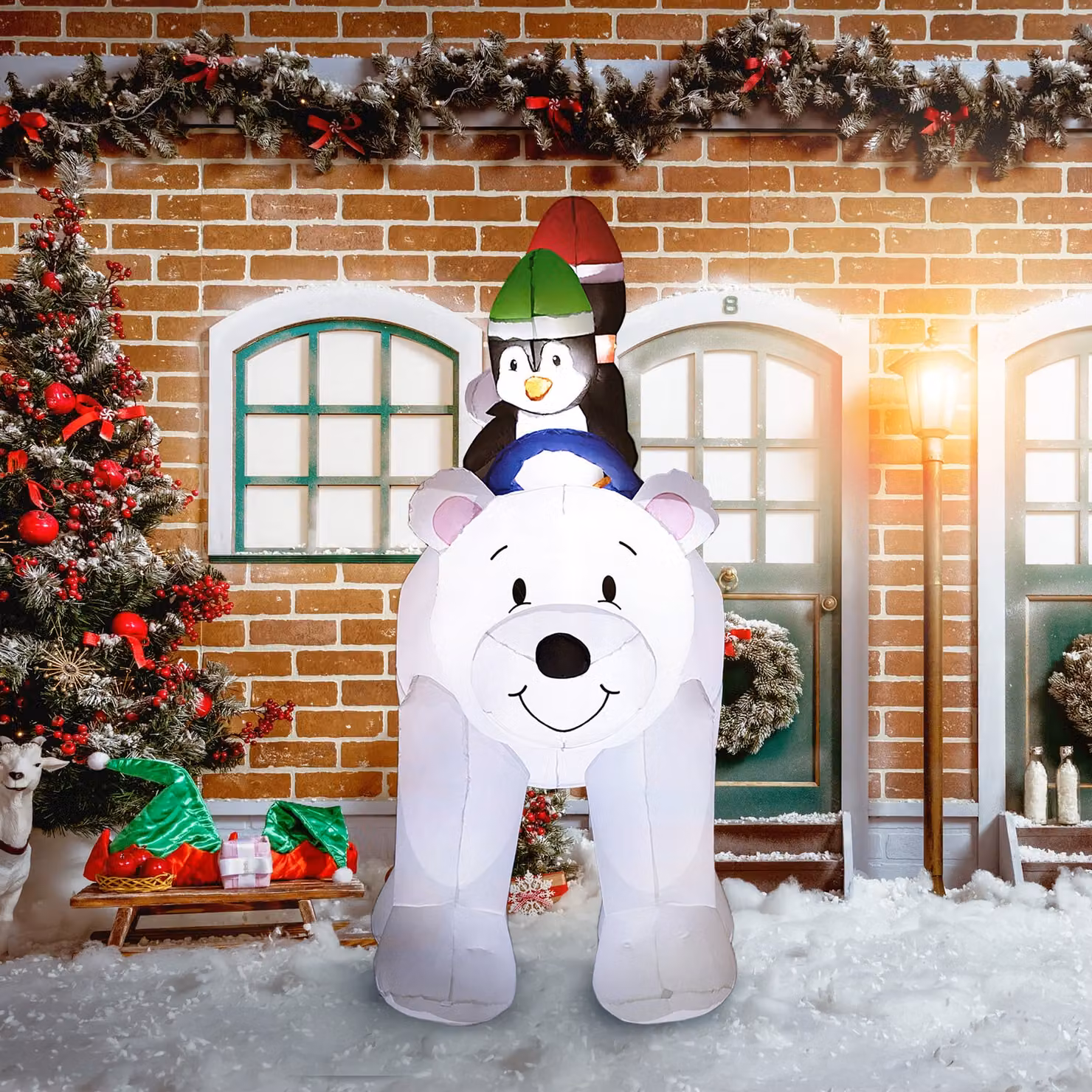 Outsunny 6.4ft Christmas Inflatable Two Penguins Riding on Polar Bear with LED Display, White – 2