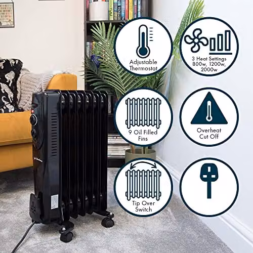Jack Stonehouse 2000W Portable Oil Filled Radiator with Thermostat and Overheat Protection, Black and White – 3