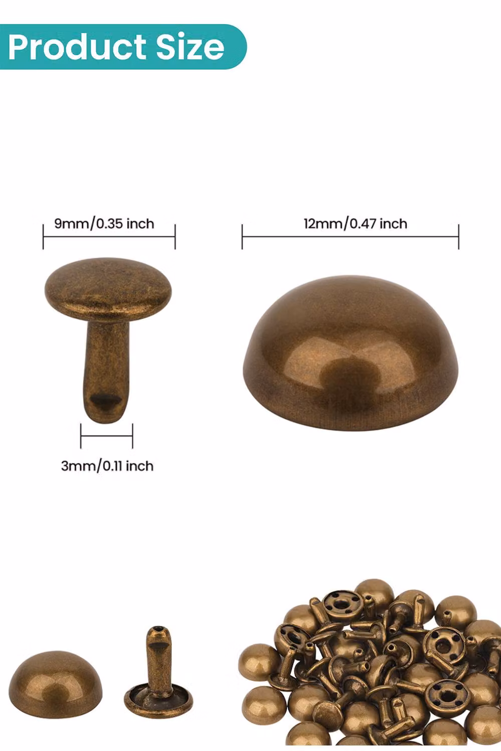 Neel Blue Bronze 12mm Dome Shaped Bag Feet Rivets with 9mm Round Studs, 25 Pieces – 2