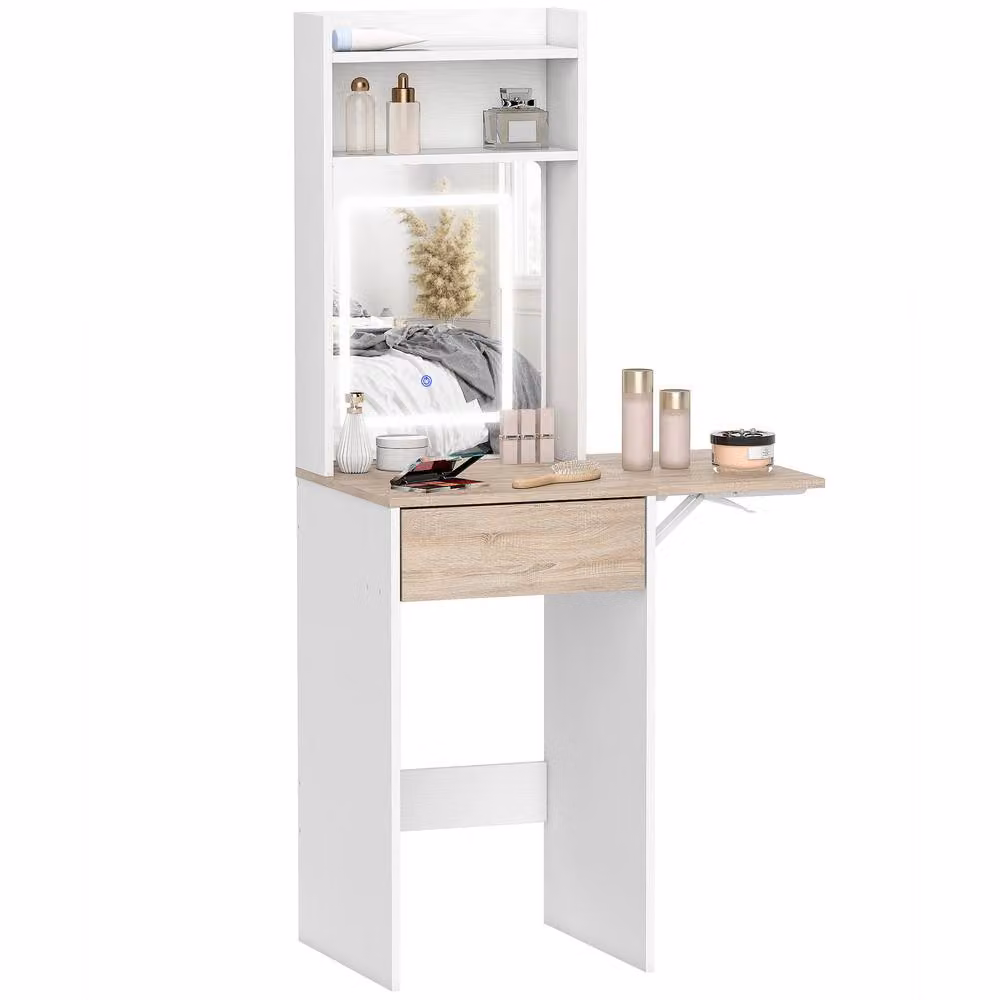 HOMCOM Modern Compact Drop Leaf Dressing Table with Hollywood LED Lighted Mirror and Drawer in White – 2