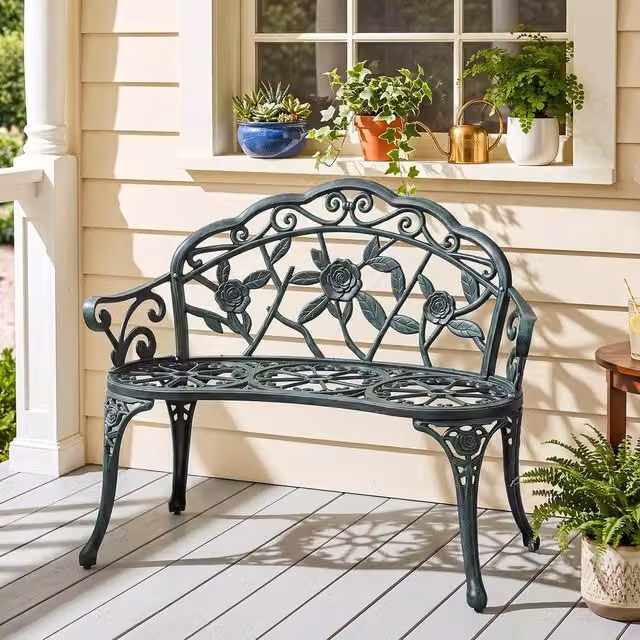 Outsunny Antique Rose Style Powder Coated Aluminium Garden Bench in Green – 7