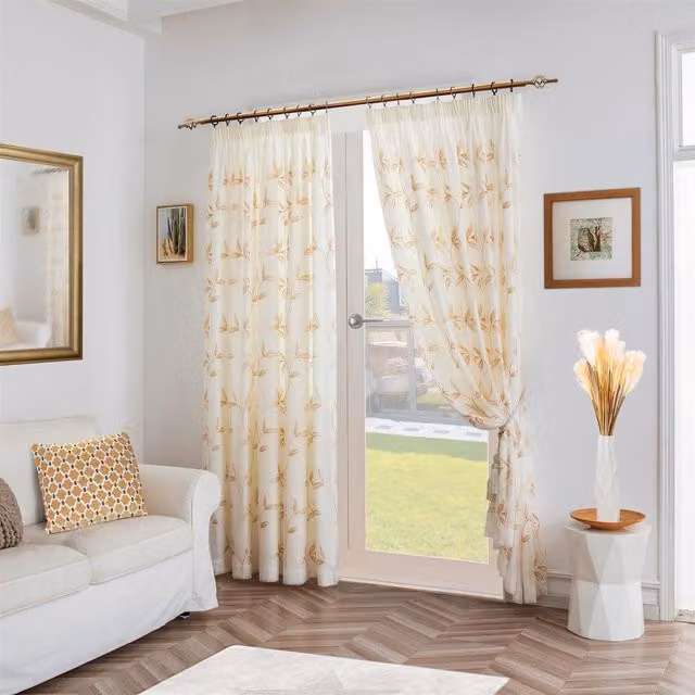 Luxury Living Gold Leaf Embroidered Tulle Voile Pencil Pleat Curtains, Width: 147 cm, Drop: 229 cm