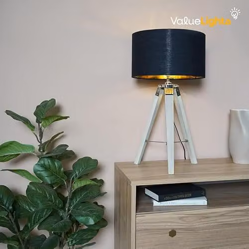 MiniSun Distressed Wood and Silver Chrome Tripod Table Lamp with Black and Gold Fabric Drum Shade – 3