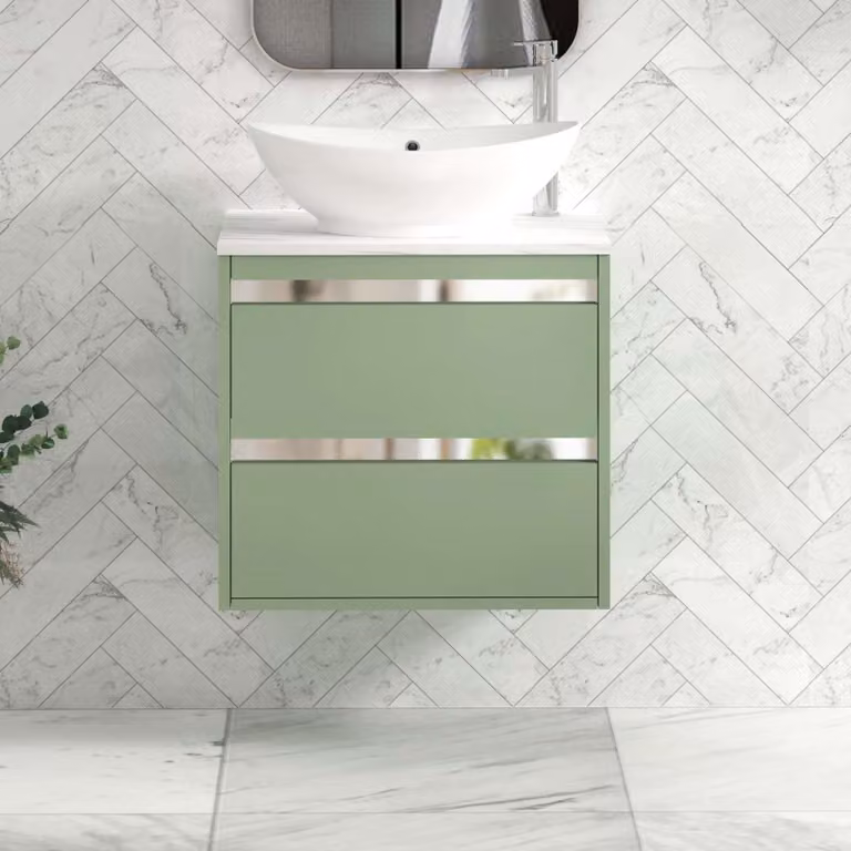 Royal Bathrooms Orion 600mm Mint Sage Wall Hung Countertop Vanity Unit with Amaze Basin and Chrome Accent Trim