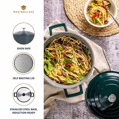 MasterClass Cast Aluminium Casserole Dish with Lid, Green, Diameter: 24 cm – 4