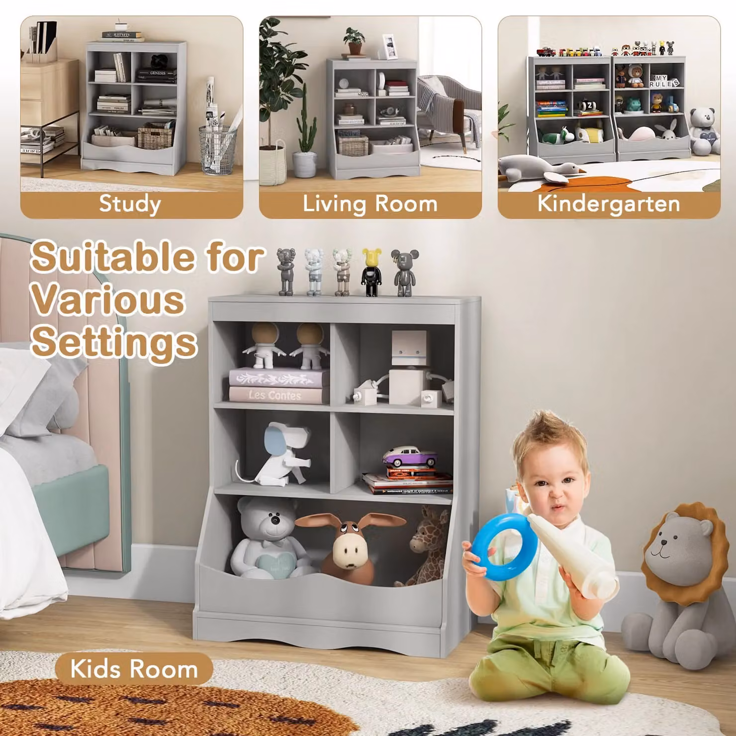 Costway Kids Toy Storage Organizer with 5 Bins, Grey – 5