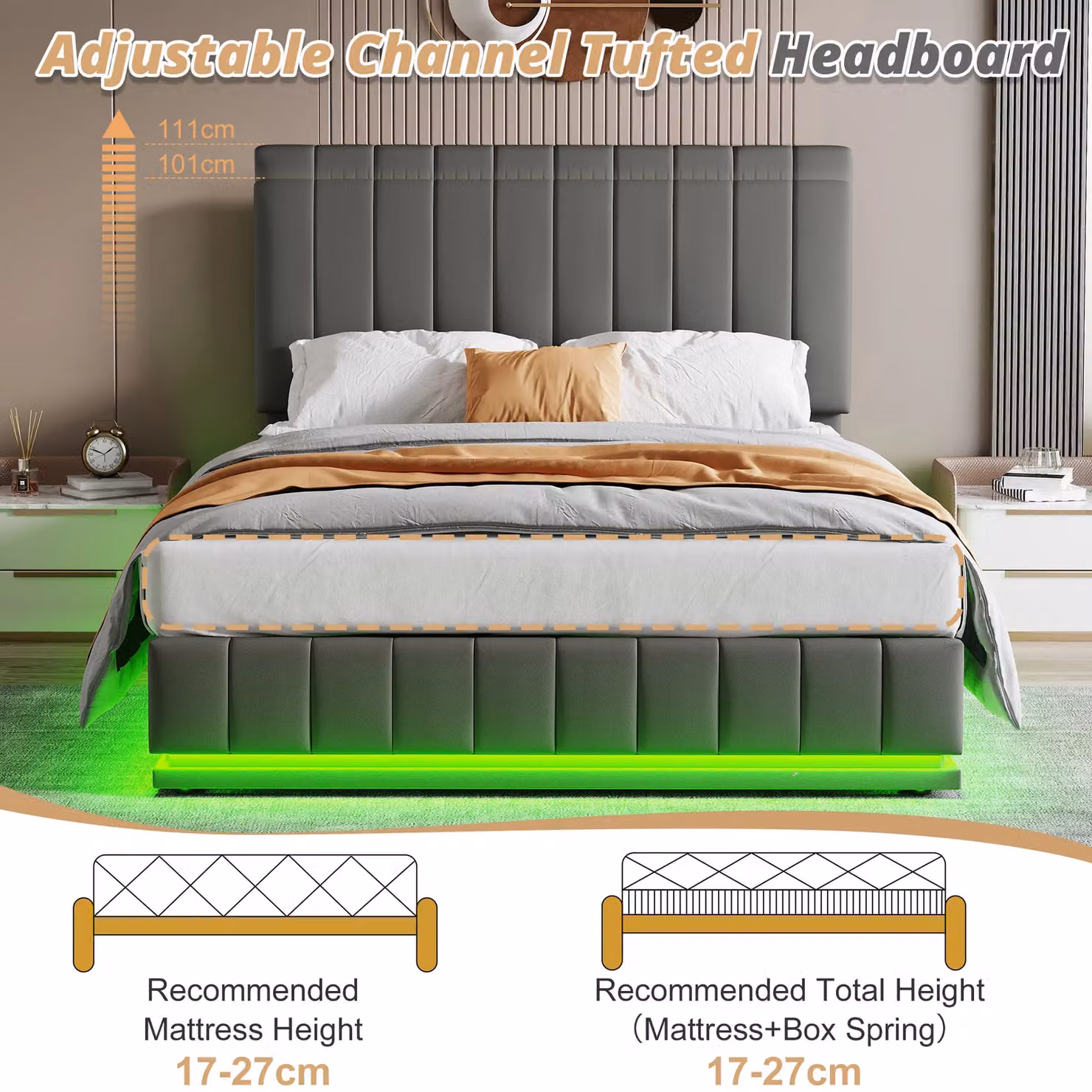 AKA Grey PU Leather Upholstered King Size Ottoman Bed with LED Under-Bed Lighting and Hydraulic Storage W/D/H: 180 x 200 cm – 4
