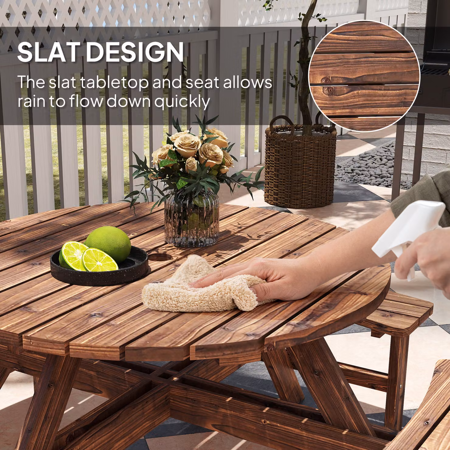 Outsunny 8 Seater Wooden Garden Dining Set with Round Picnic Table and Parasol Hole in Sand Brown – 6