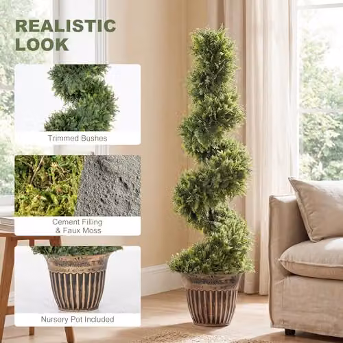 HOMCOM Set of 2 Green Artificial Spiral Cypress Trees in Concrete Pots, Height: 120 cm, Width: 30 cm, Depth: 30 cm – 3