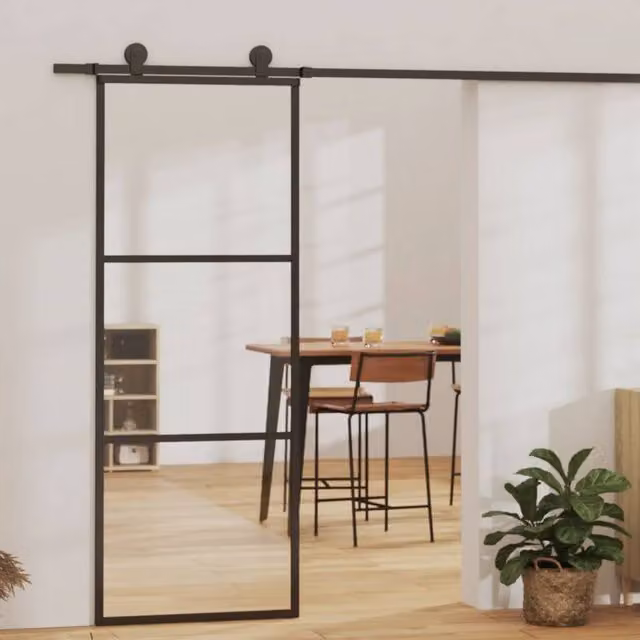 Berkfield Home Sliding Glass and Aluminium Door with Hardware Set, Black, W: 76 cm, H: 205 cm