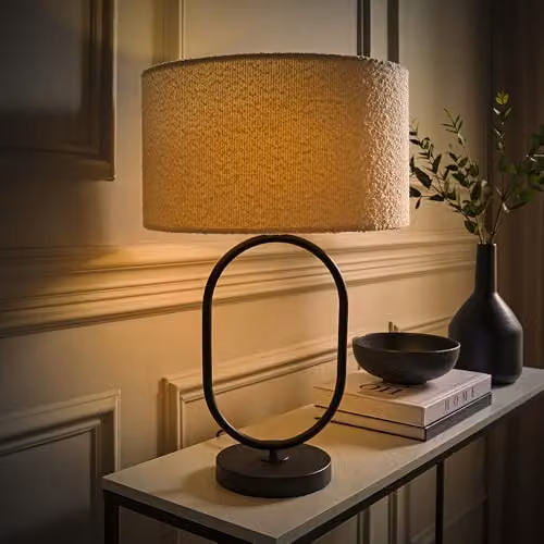 ValueLights Antonia Oval Table Lamp with Cream Boucle Drum Shade and Matte Black Base – 2