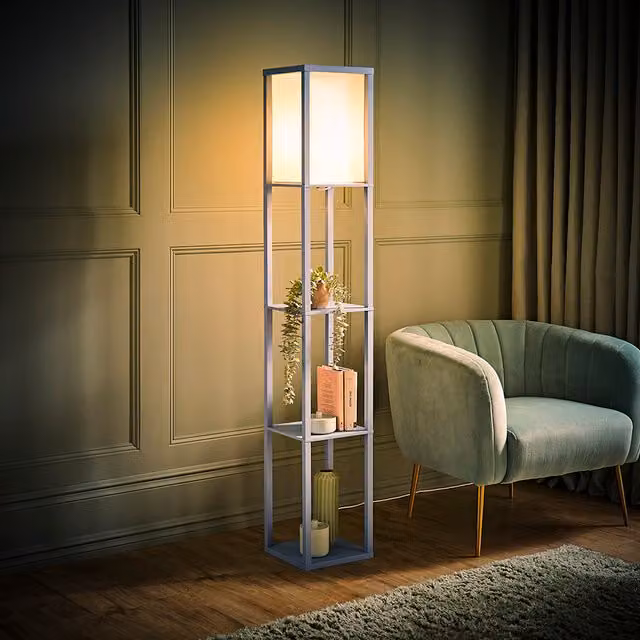 ValueLights Struttura Pastel Shelving Unit Floor Lamp with Fabric Shade and Bulb in Blue and Yellow