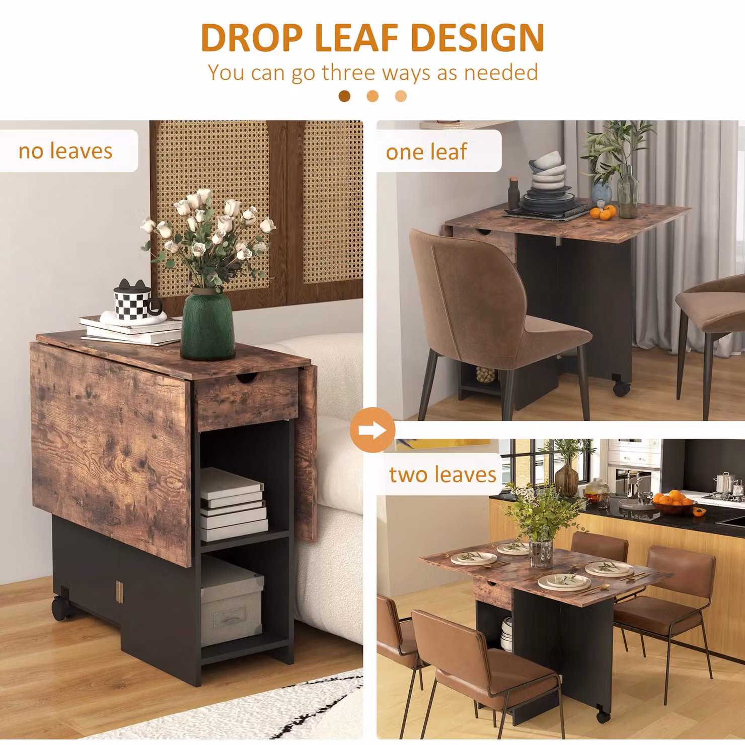 HOMCOM Brown Foldable Drop Leaf Dining Table with Storage for Kitchen and Dining Rooms – 5