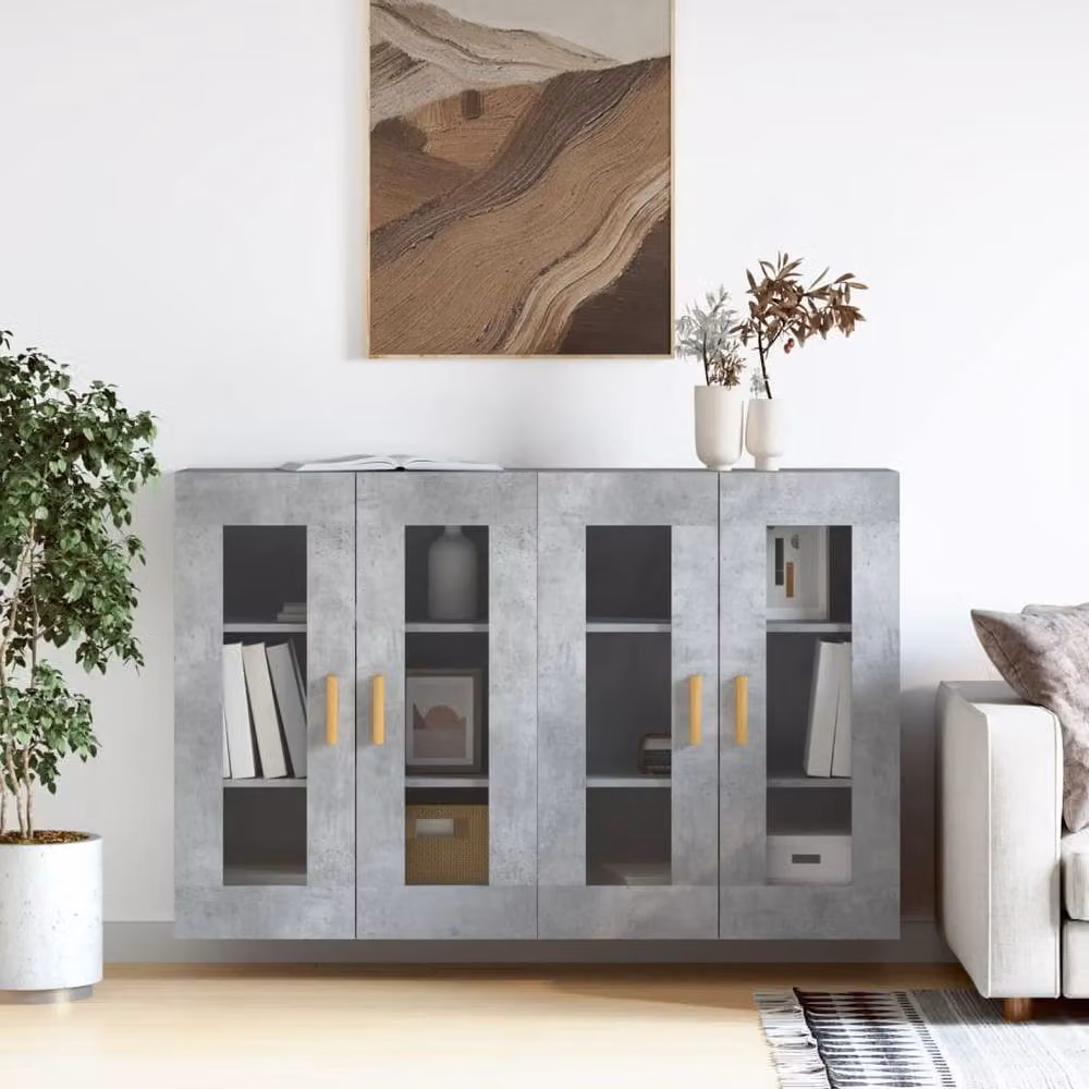 Berkfield Home Wall Mounted Cabinets, 2 Piece Set in Concrete Grey with Glass Doors and Internal Shelves – 2