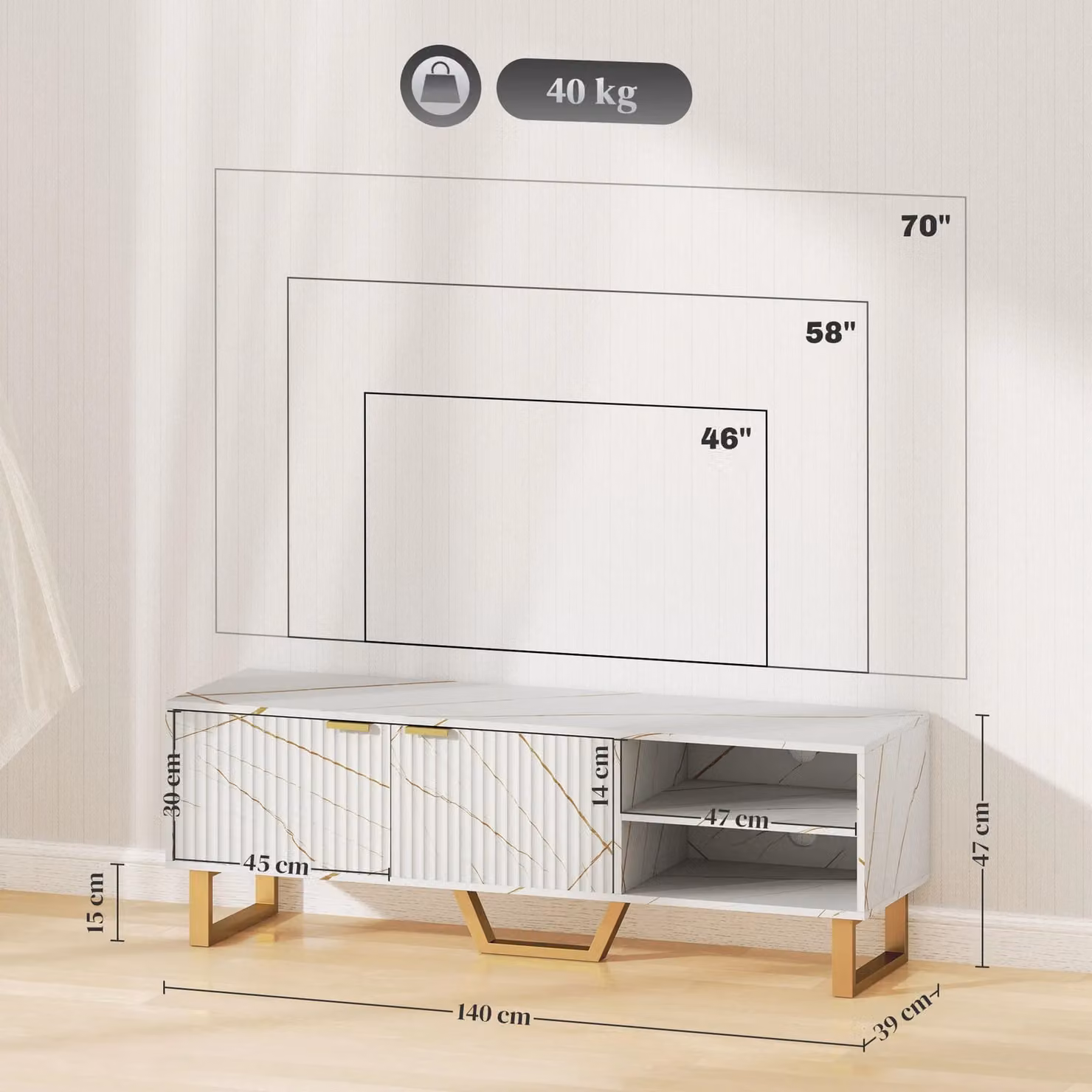 HOMCOM Modern White and Gold TV Unit with Shelves and Storage Cupboard – 3